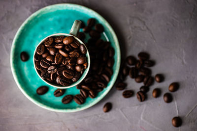 High angle view of coffee beans on table