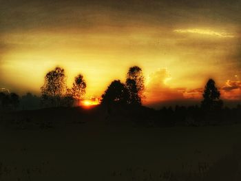 Silhouette trees on landscape against sky at sunset