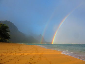 Scenic view of beach against blue sky