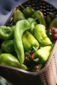 High angle view of bell peppers in basket