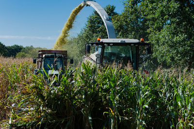 Agricultural machinery on field against trees