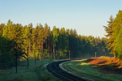 Trees on field against clear sky and railway