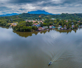 High angle view of lake against sky