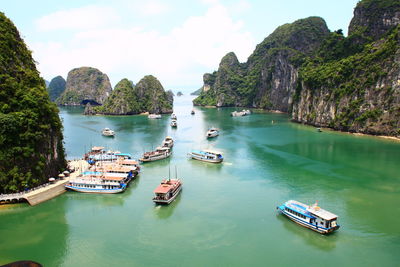 High angle view of boats in sea
