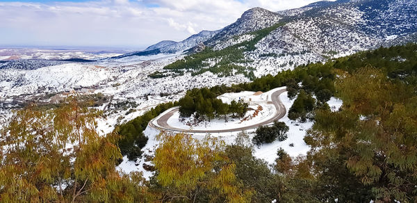 Scenic view of snowcapped mountains against sky during winter