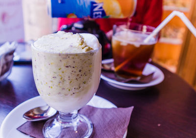 Close-up of drink served on table