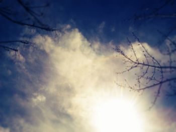 Low angle view of bare trees against cloudy sky