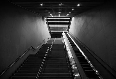 Low angle view of illuminated subway station