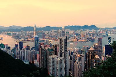 Aerial view of city at sunset