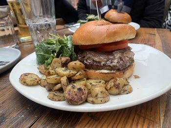 Close-up of burger in plate on table