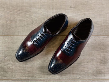 High angle view of black shoes on table