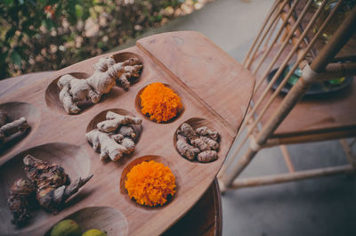 High angle view of pumpkin on wood