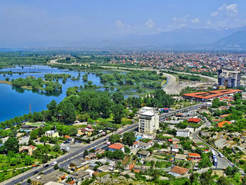 High angle view of street amidst buildings in city