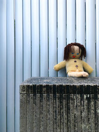 Close-up of stuffed toy against fence