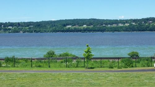 Scenic view of lake against clear sky