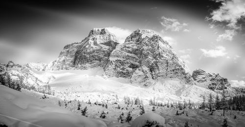 Scenic view of snow covered mountains against sky