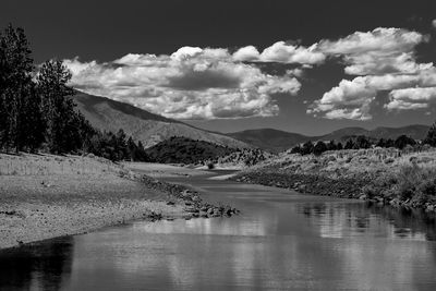 Scenic view of lake against cloudy sky