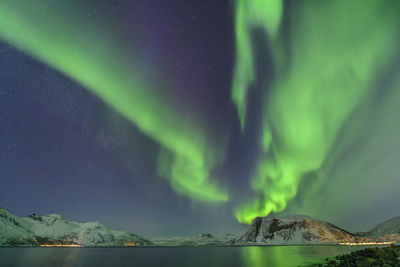 Norway, troms og finnmark, green northern lights over grotfjord