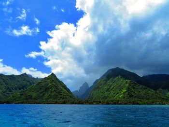 Scenic view of sea and mountains against sky