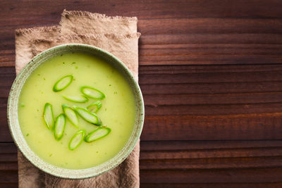 High angle view of soup in bowl on table