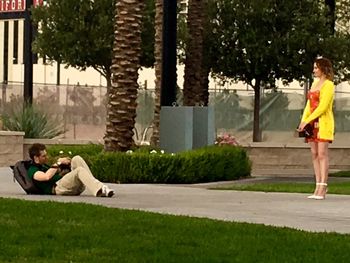 Young couple lying on grassland