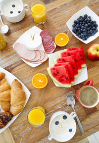 High angle view of breakfast on table