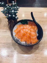 High angle view of fish in bowl on table