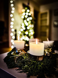 Close-up of christmas decorations on table