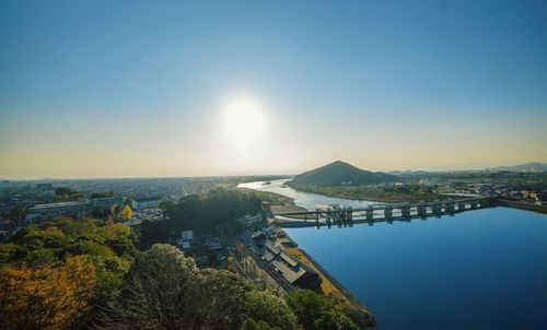 High angle view of river and town against clear sky