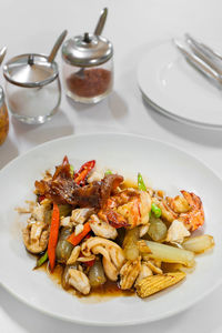 High angle view of food in plate on table