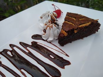 High angle view of chocolate cake on plate
