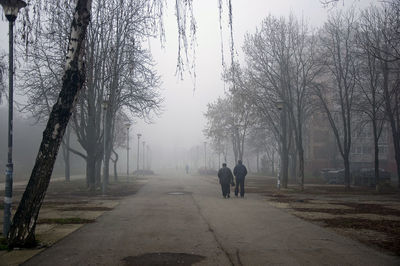 Rear view of people walking on footpath during winter