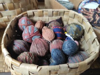 High angle view of multi colored pencils in basket