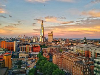 Aerial view of buildings in city during sunset