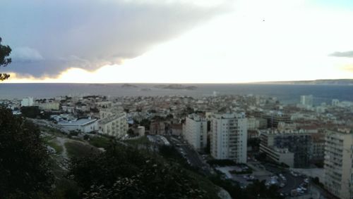 High angle view of townscape against sky