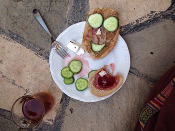 High angle view of breakfast served in plate