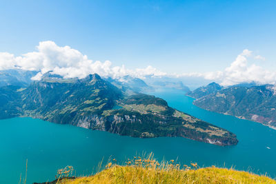 Scenic view of lake and mountains against sky