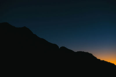 Low angle view of silhouette mountain against clear sky