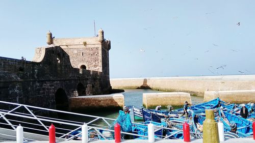 Built structure in water against sky