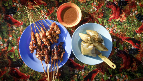 High angle view of meal served on table