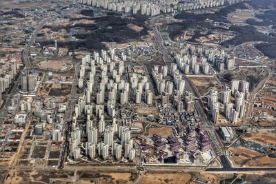 High angle view of buildings in city