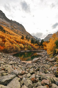 Scenic view of mountains against sky during autumn