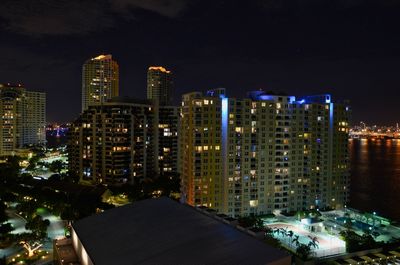 High angle view of illuminated buildings against sky at night