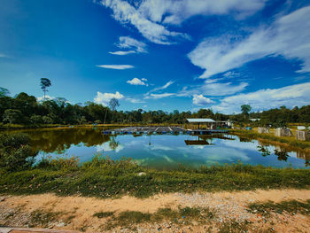 Scenic view of lake against blue sky