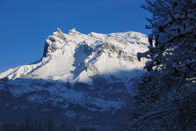 Scenic view of snow covered mountains against clear sky