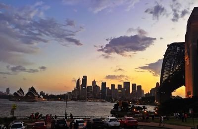 City skyline at sunset