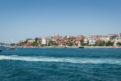 Sea by buildings against clear blue sky