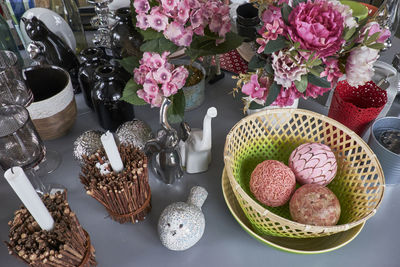 High angle view of decors on table