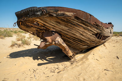 Close-up of damaged wood on field against sky