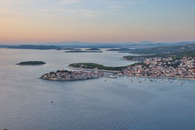 High angle view of bay against clear sky